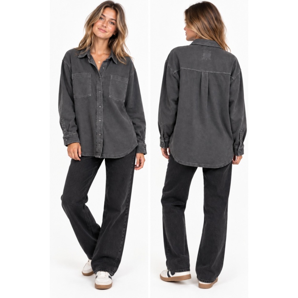 Aerie Shacket M Gray Button Up Oversized French Terry Shirt Jacket Gorpcore